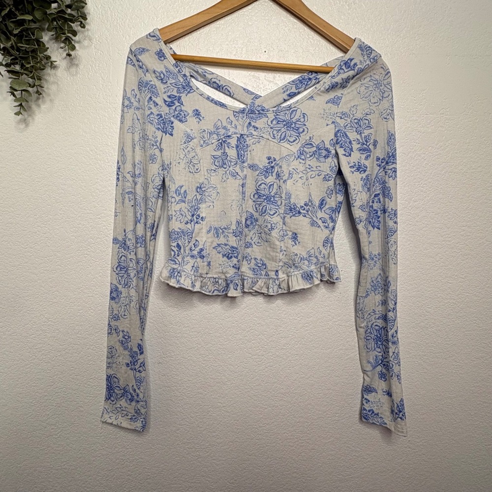 Altar'd State Blue Floral Toile Ribbed Crop Top Open Back Ruffle Small - Picture 2 of 7